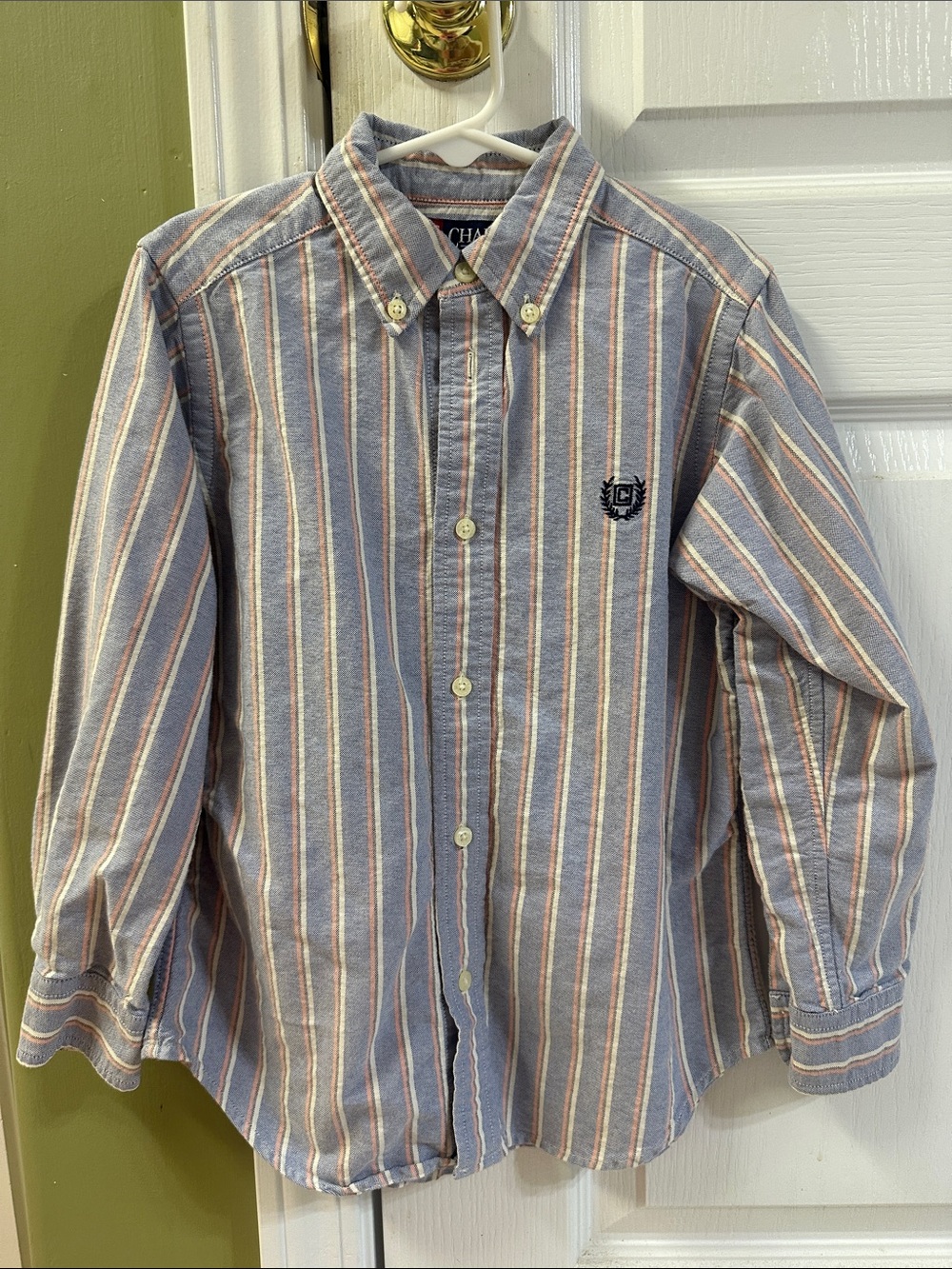 Chaps Boys Button-Down Shirt in Blue, White & Orange Stripes